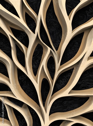 Abstract wooden branch pattern on black textured background