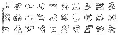 Set of 30 outline icons related to speaking, talking. Linear icon collection. Editable stroke. Vector illustration