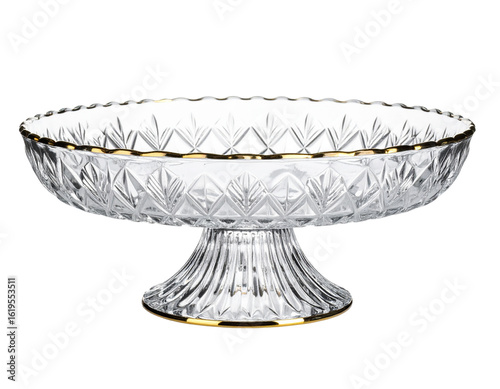 Angled Perspective of Diamond-Cut Crystal Glass Serving Platter with Golden Edge and Handcrafted Motifs