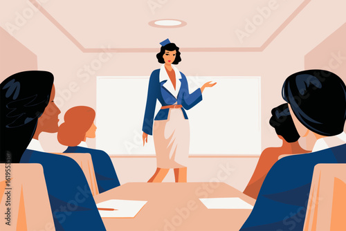 Stewardessa prowadząca szkolenie dla załogi lotniczej. Kobieta w stylu retro na prezentacji biznesowej.