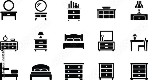 A collection of bedroom furniture icons including beds dressers and bedside tables