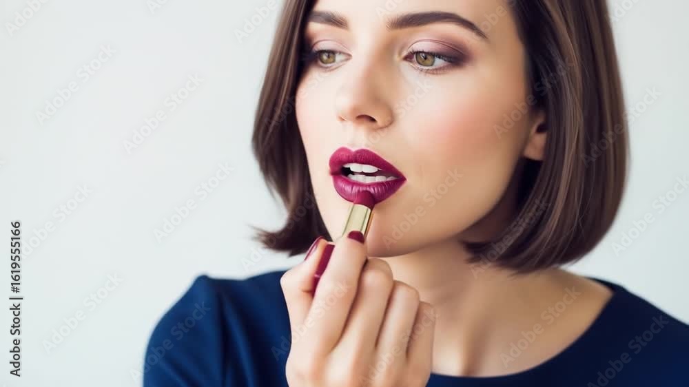 Glamorous Woman Applying Bold Burgundy Lipstick, Enhancing Her Lips with Elegant Makeup for Beauty and Style Glamorous Woman Applying Bold Burgundy Lipstick, Enhancing Her Lips with Elegant Makeup for Beauty and Style