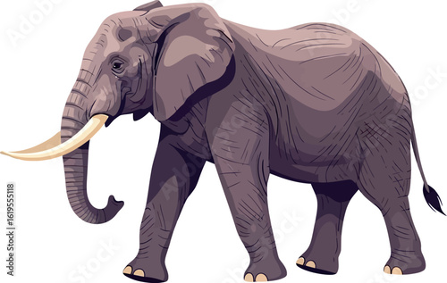 Illustration of african elephant walking with large tusks on white background
