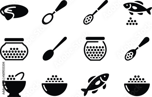 A collection of black and white caviar themed icons including fish and spoons and jars