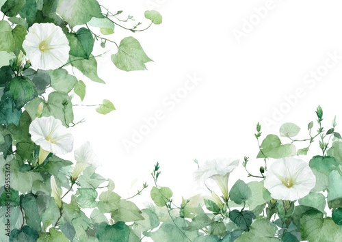 Watercolor painting of white morning glories and foliage, framing a blank space