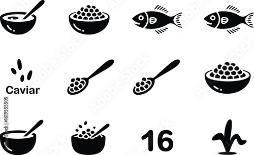 A collection of black and white caviar themed icons arranged on a white background