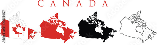 Set of isolated Canada maps in original, silhouette and outline. Canada flag overlaid with flag proportions. Maps and traveling around the world
