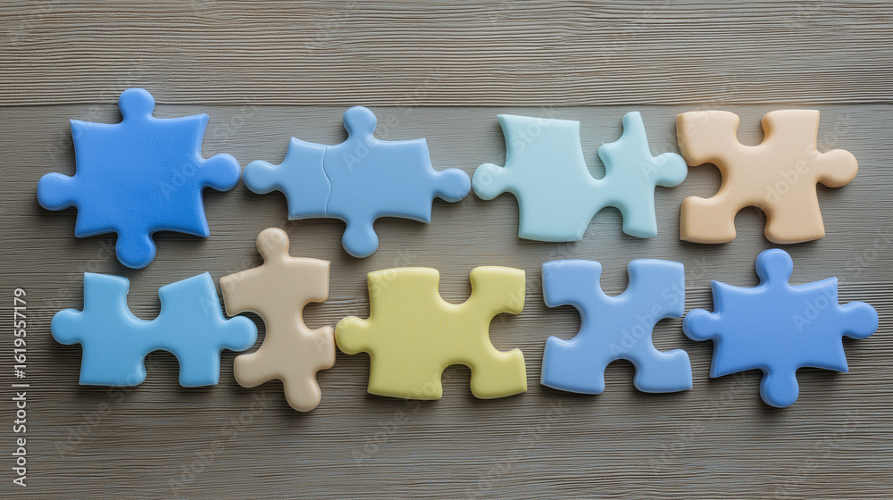 Obraz premium Jigsaw puzzle pieces arranged on wooden table, representing partnership through interconnected shapes.