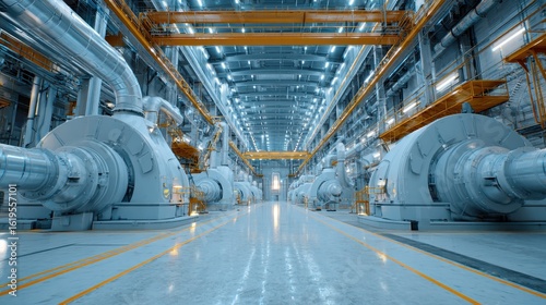 Turbine hall view. Equipment inspection. Powerplant interior. Industry. Energy
