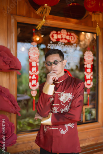 A man dressed in Chinese New Year clothing
