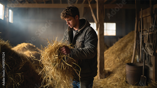 Hardworking Farmer Tending to Hay in Rustic Barn with Natural Sunlight Stream and Agricultural Tools Depicted Authentically