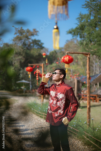 A man dressed in Chinese New Year clothing