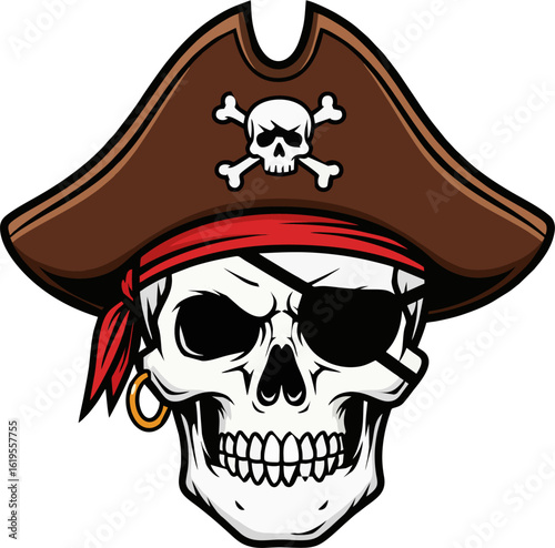 Classic Pirate Skull with Eye Patch, Brown Hat, and Red Bandana Illustration