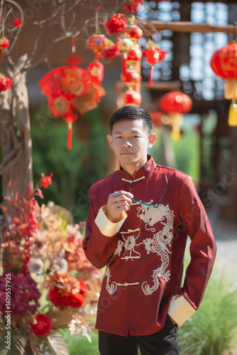 A man dressed in Chinese New Year clothing