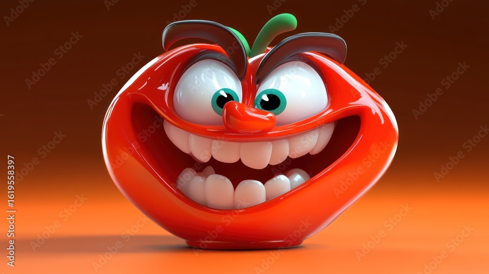 Obraz premium Cartoon tomato with an exaggerated happy expression.