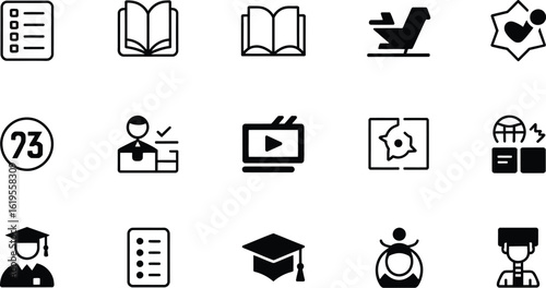A collection of black and white education and business related vector icons set up