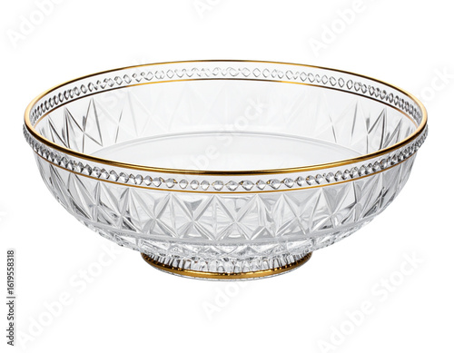  Diamond-Cut Crystal Glass Serving Platter with Gold Trim and Hand-Etched Luxury Motifs, Front View, White Background