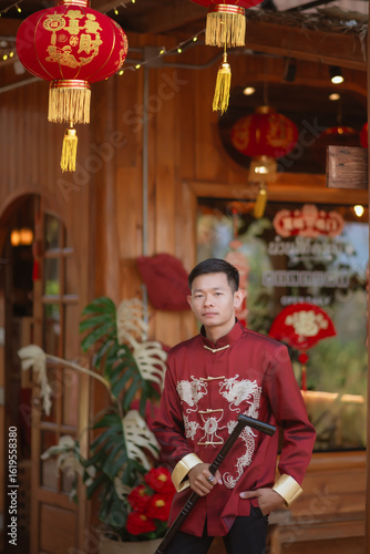 A man dressed in Chinese New Year clothing