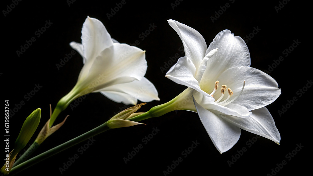 Fototapeta premium Delicate white lily flowers bloom gracefully against a deep black background