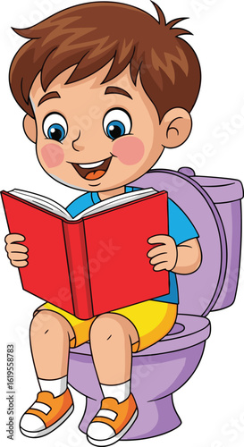 Cartoon child reading book on toilet, bathroom learning habit, funny educational image, kids hygiene, potty training, cute illustration, clipart