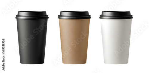 Wallpaper Mural Set of three tall coffee cup mockups in black kraft and white paper with black lids on transparent background Torontodigital.ca
