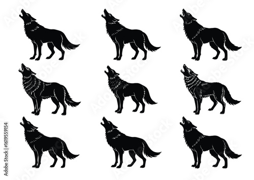 Wolf howling silhouette vector Set