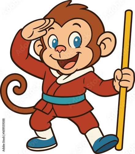 Cartoon monkey in martial arts costume, holding yellow staff, saluting with hand, cute animal character, playful, energetic, children illustration