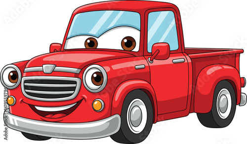 Cute red cartoon pickup truck, smiling face, big eyes, friendly vehicle illustration, children’s clipart art, fun transport, animated style