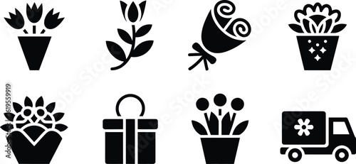 A set of flower related icons including bouquets, gifts, and a delivery truck icon
