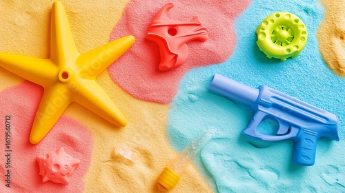 Colorful summer fun awaits with vibrant beach toys scattered on a sandy shore ready for playtime