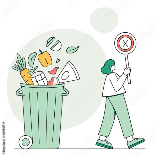 Person with incorrect sign near overflowing trash bin with food illustration