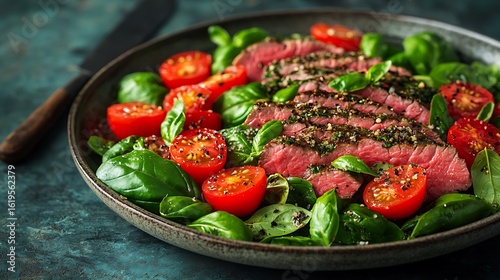Wallpaper Mural Grilled steak slices served atop a bed of fresh basil and cherry tomatoes. Torontodigital.ca