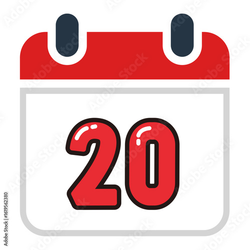 Red and white flat vector calendar with date twenty 20. Suitable for deadline indicators and interfaces