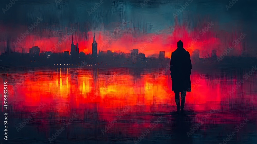 Fototapeta premium Silhouette of a person standing on a waterfront cityscape at sunset.