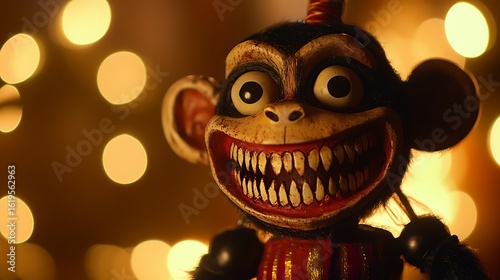 Creepy monkey toy with a sinister grin and eerie eyes for Halloween or horror themed designs