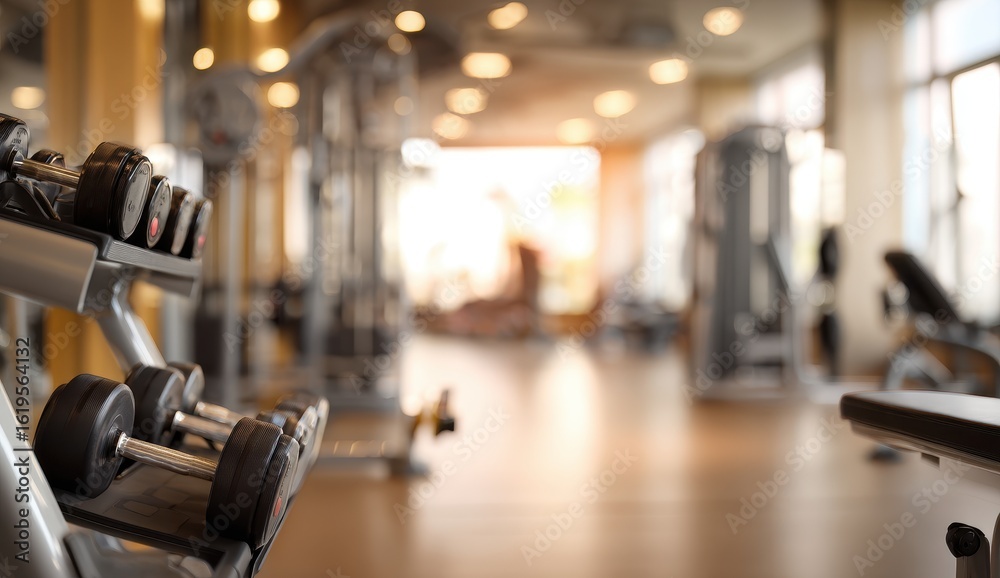 Fototapeta premium Gym interior, blurred weights and equipment