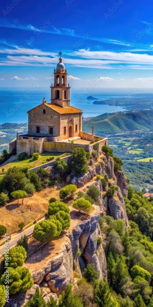 Fototapeta premium Ancient stone church standing atop a hill in the Spanish island of Mallorca