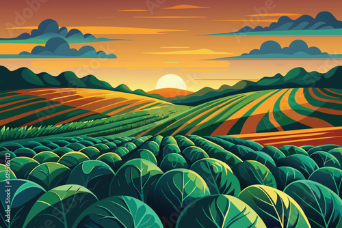 Sunrise over a lush agricultural landscape featuring rolling hills and cultivated fields