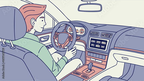 Driving car illustration: man in car interior, driver seat, steering wheel, dashboard, and vehicle control