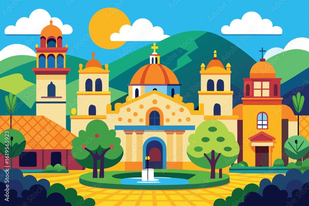 Fototapeta premium Colorful Illustration of a Spanish Mission with Mountains Sun and Trees