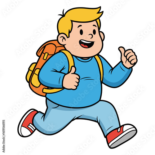Happy Cartoon Boy Running with Backpack – Cheerful School Kid in Blue Outfit and Red Sneakers