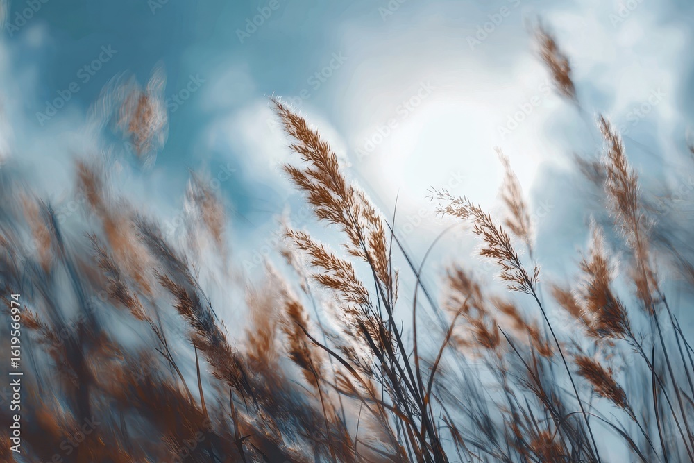 Fototapeta premium Windswept tall grasses against a blue sky