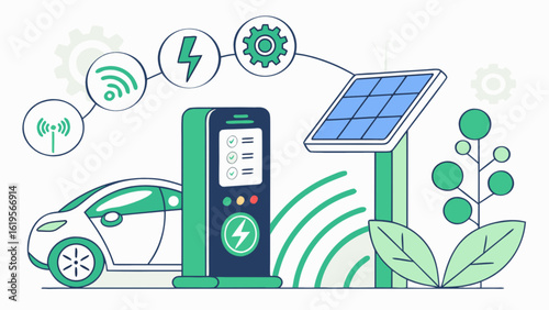 Electric car charging at a station powered by solar panels, showcasing renewable energy technology and ecofriendly transportation isolated on white background