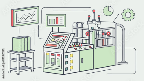 Illustration of an automated production line with various machines, monitors, and charts, showcasing industrial automation, technological innovation, and efficient manufacturing processes