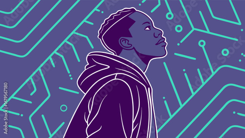 Illustration of a young man looking up, symbolizing the future of technology, innovation, and digital networks, with a focus on potential, opportunity, and growth