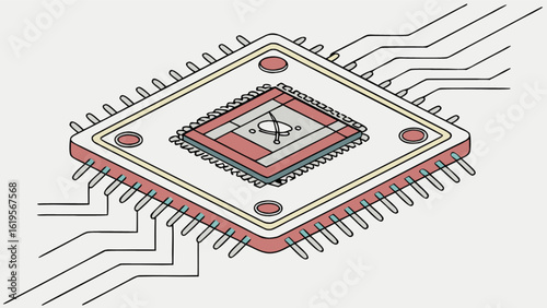 Isometric view of a microchip processor computer hardware component integrated circuit technology design