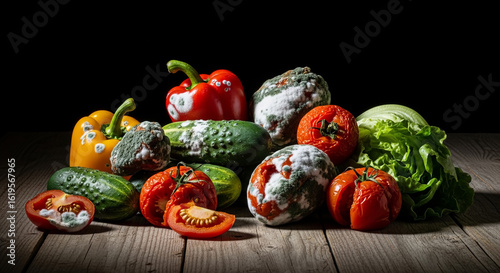 Still life of decaying vegetables on a wooden surface, a concept of food spoilage and waste