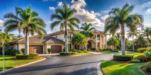 Tropical Estate Home with Palm Trees and Asphalt Road