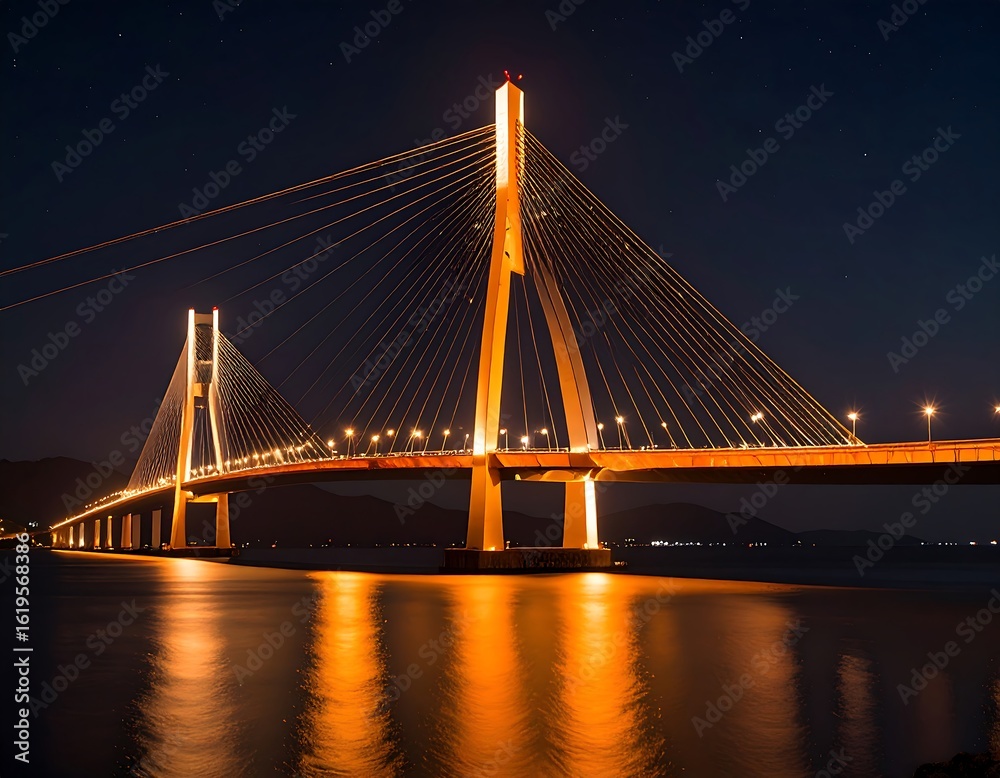 Fototapeta premium Illuminated cable-stayed bridge at night