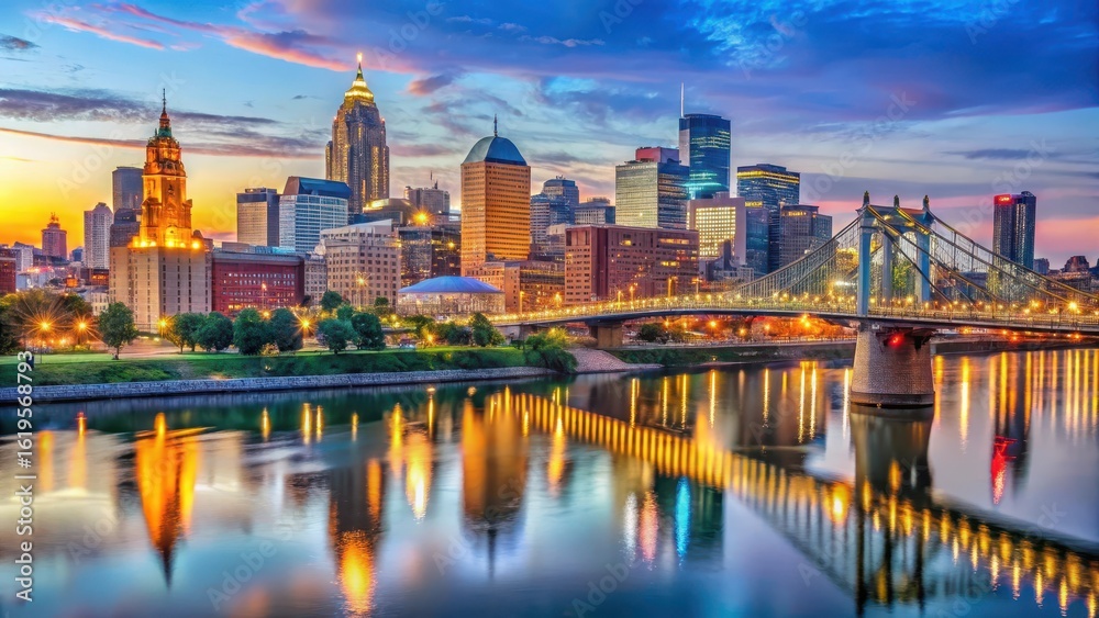 Obraz premium Panoramic view of Cincinnati downtown area with sweeping Roebling Bridge landscape at dusk
